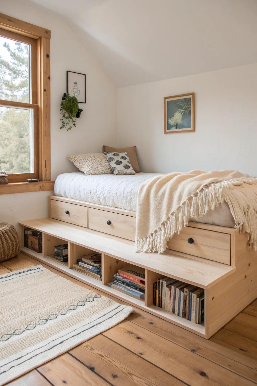 A raised platform daybed nook with hidden storage—cozy, minimal, and made for reading.