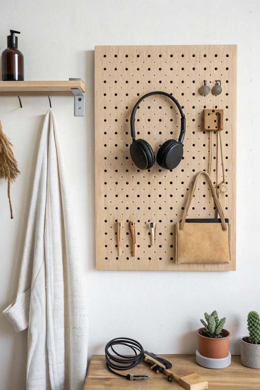 Minimal oak pegboard turns everyday gear into wall art—perfect for a tidy men’s studio.