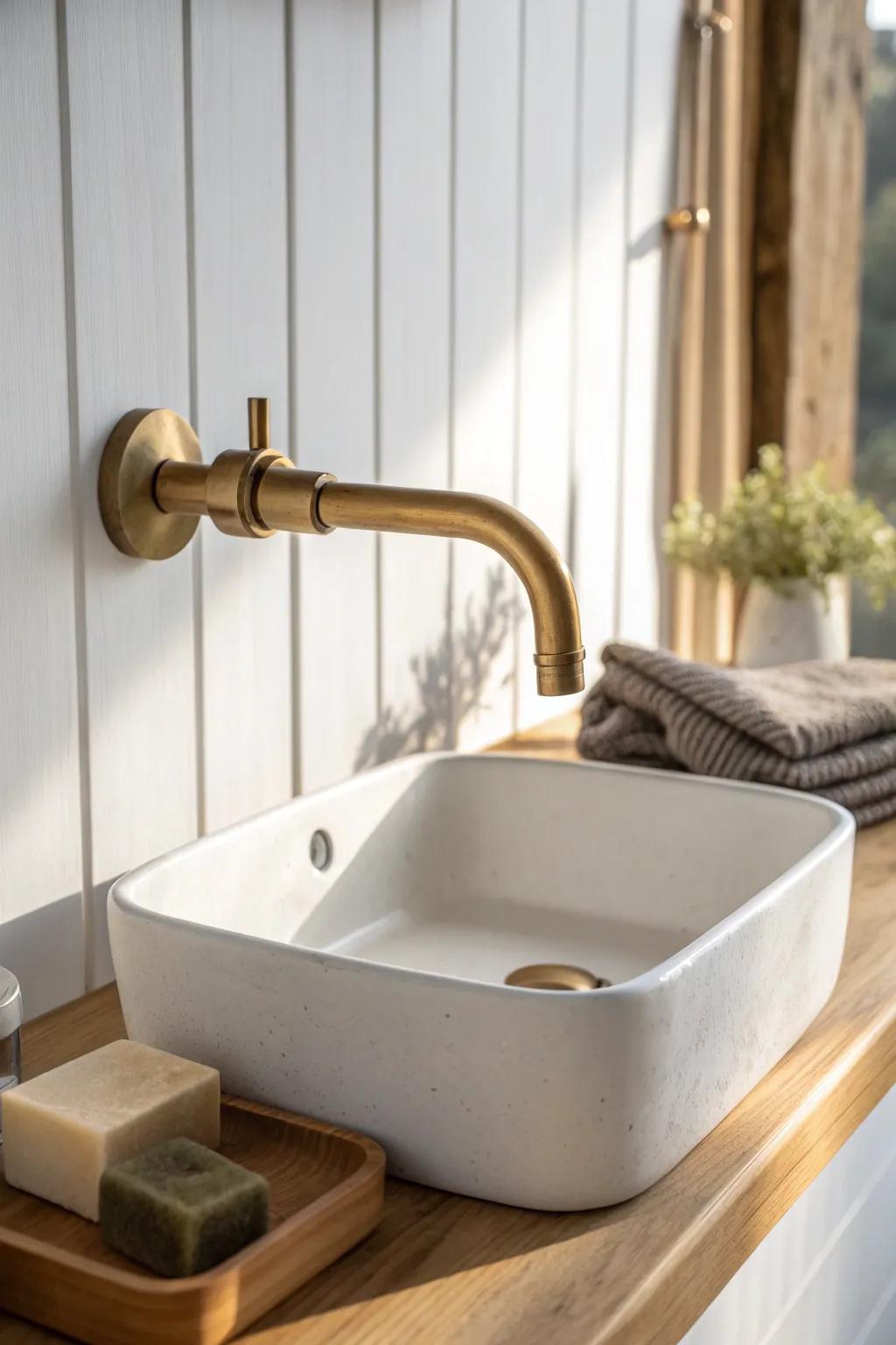 Wall-mounted faucet, micro-kitchen magic—free up precious sink space for soap and a sponge tray.