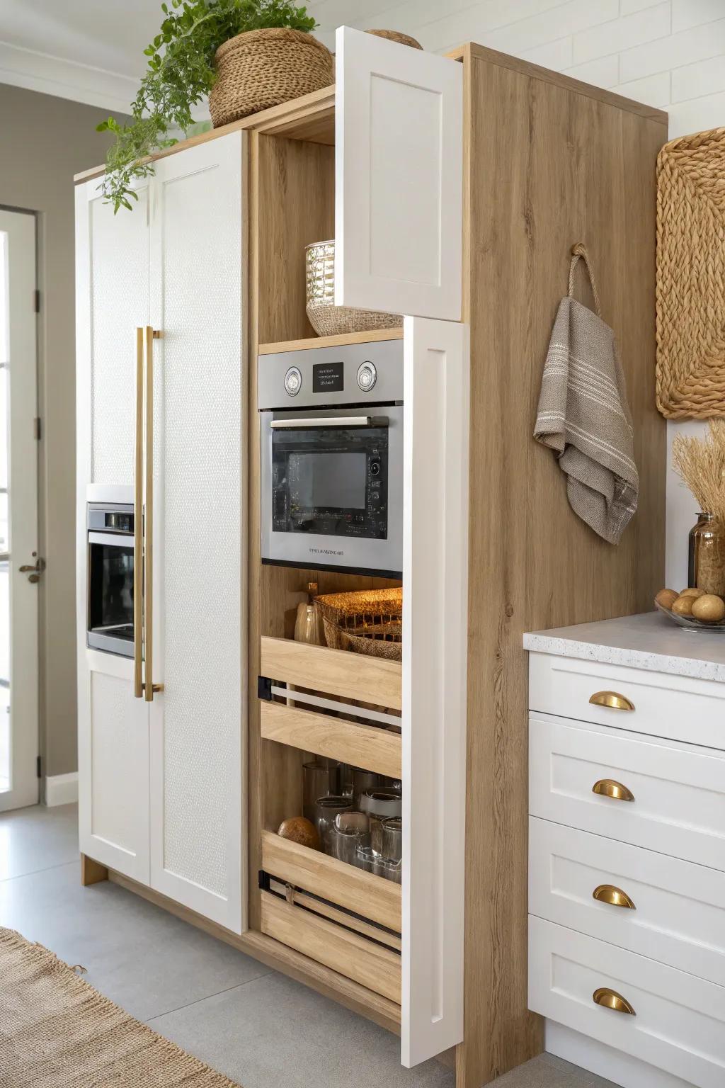A secret-door pull-out pantry column that slides open to reveal a hidden microwave nook.