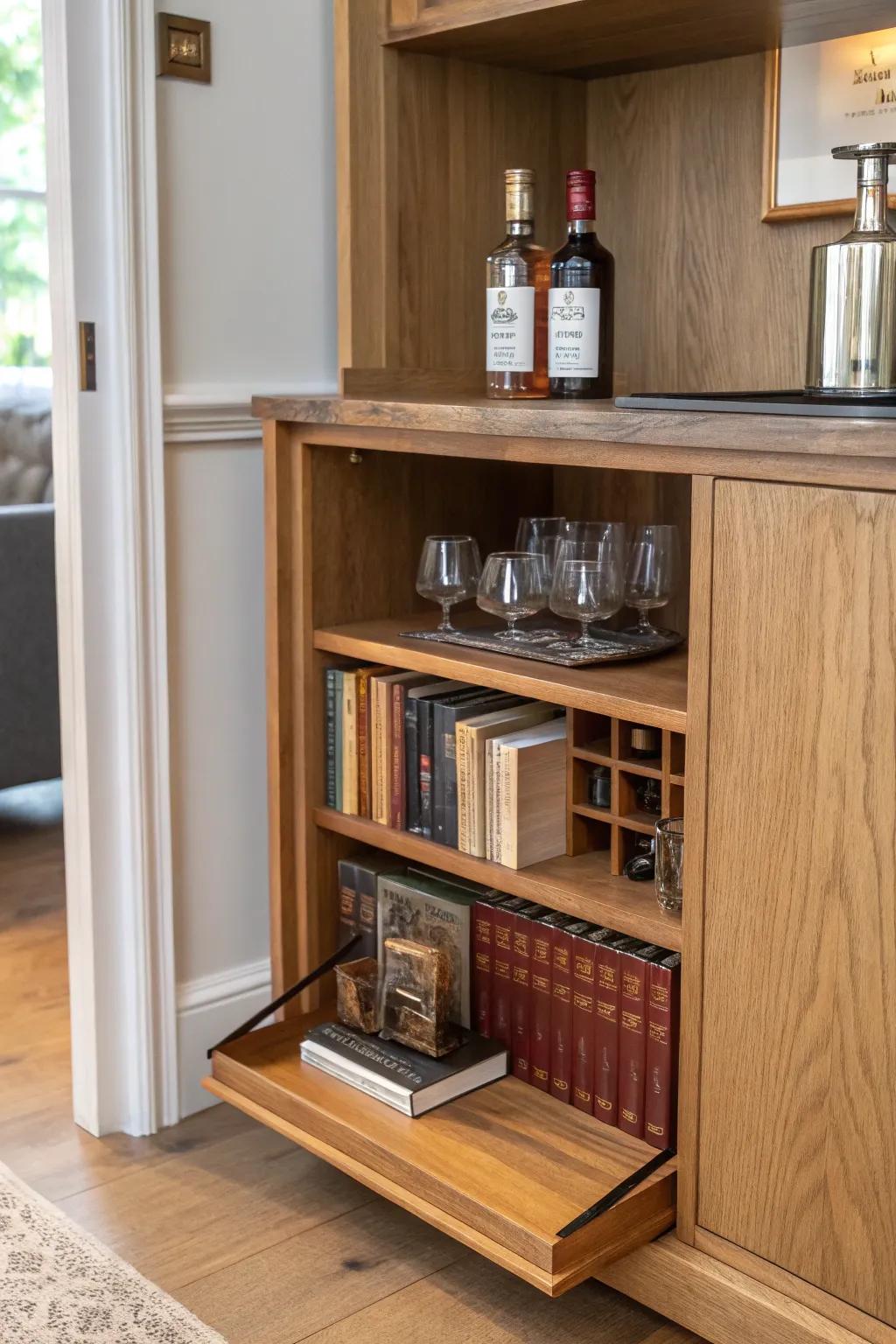 A hidden “library” shelf mini bar—books in front, bottles behind, sleek slide‑out mixing tray.