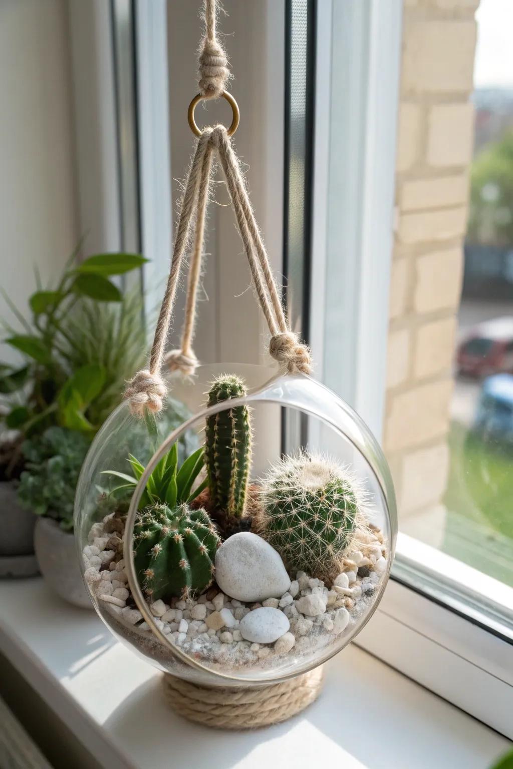 A floating orb of tiny cacti—minimal, sunlit, and perfect for small-space greenery.