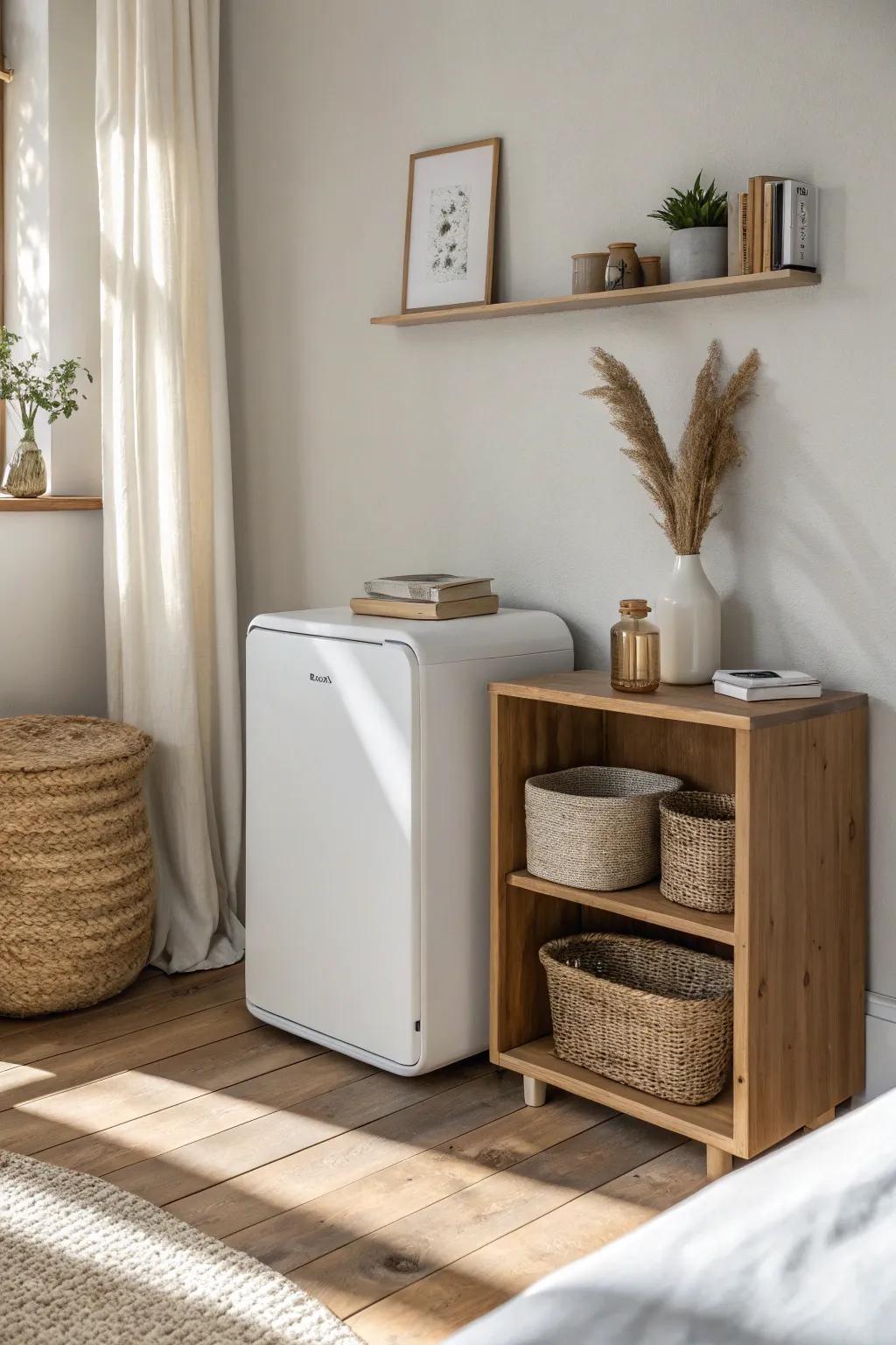 Turn a bedroom mini fridge into a custom storage wall with a sleek shelf bridge above it.