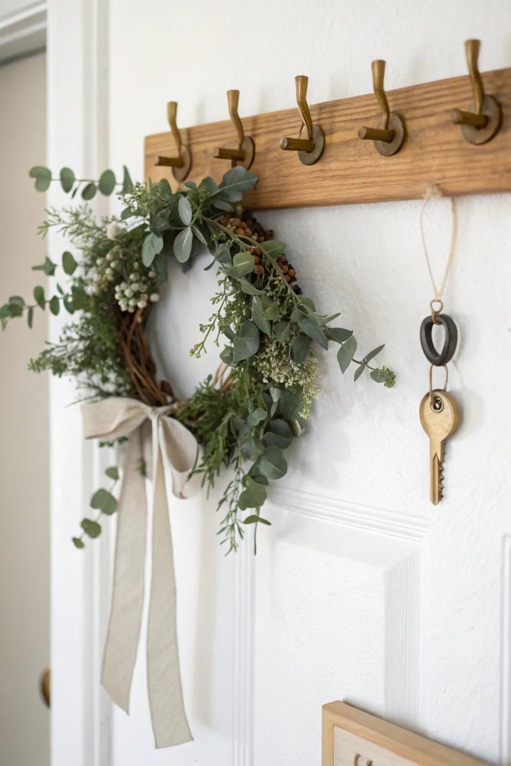 A mini wreath above the hook makes “mine/yours/guest” feel tidy—and pretty in tiny entries.