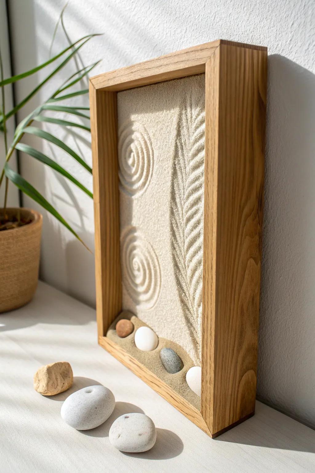 A wall-mounted shadow box zen garden—minimal, calming, and perfect for tight hallways.