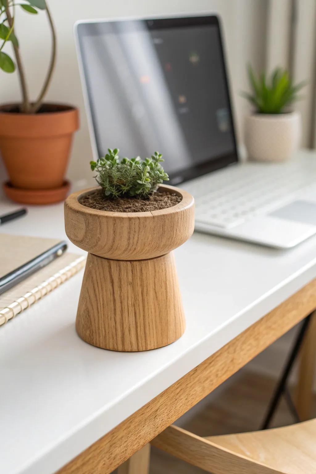 Free up your desktop—let a tiny oak stand hold your greenery, keeping the desk serene.