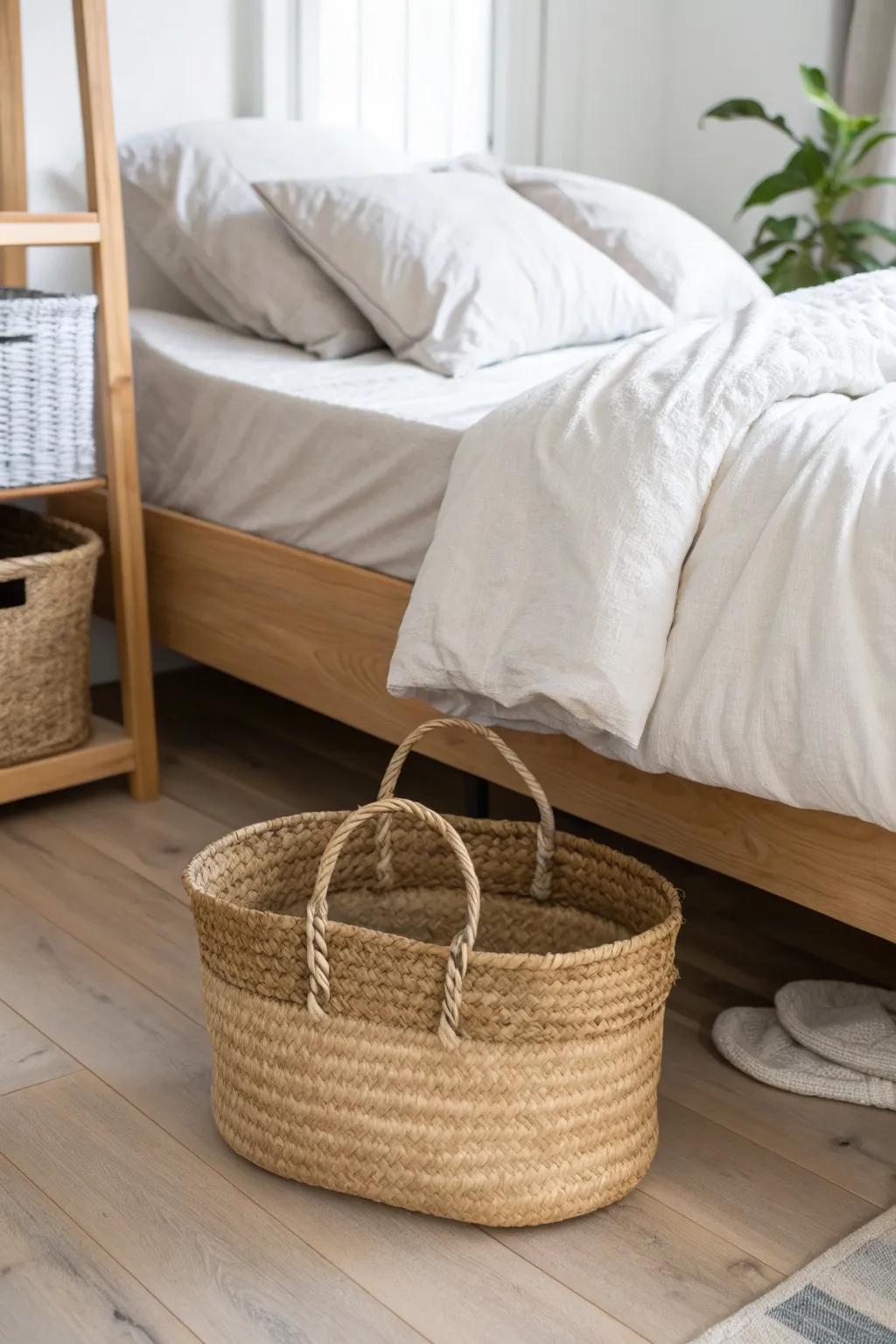 A fold-flat reset basket tucked under the bed—two-minute tidy, instant calm.