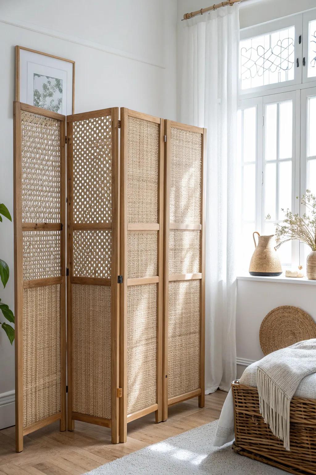 A woven cane folding screen creates a serene, minimalist nursery nook—no construction required.