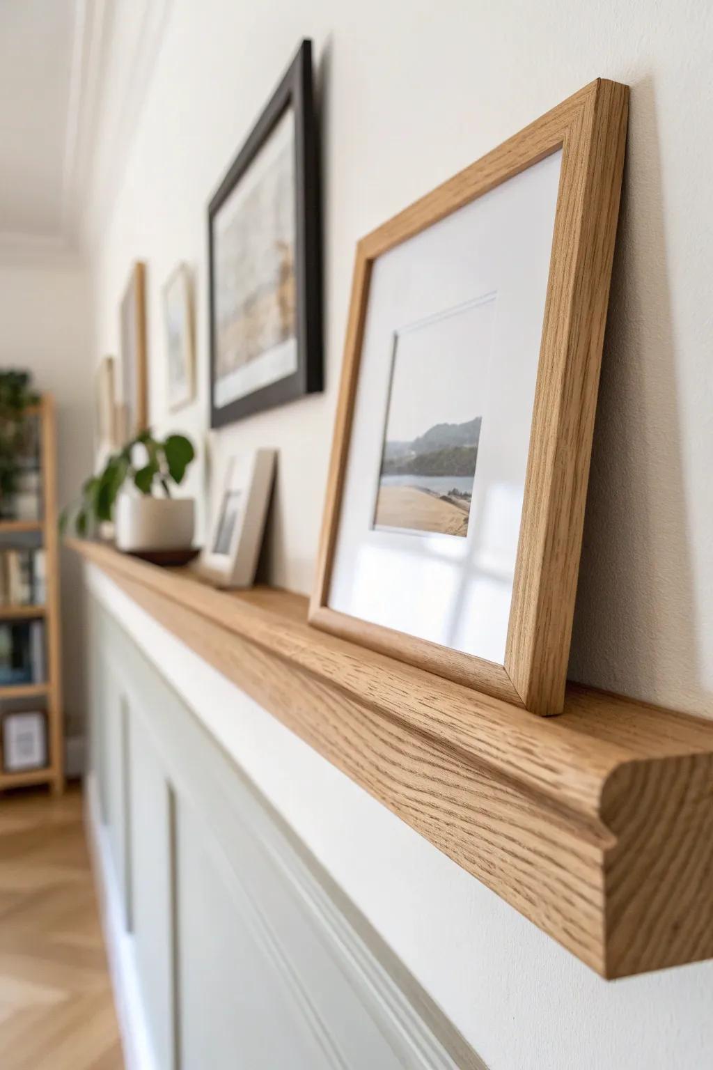 A sleek oak picture ledge for a flexible gallery wall—swap art anytime, no extra holes needed.