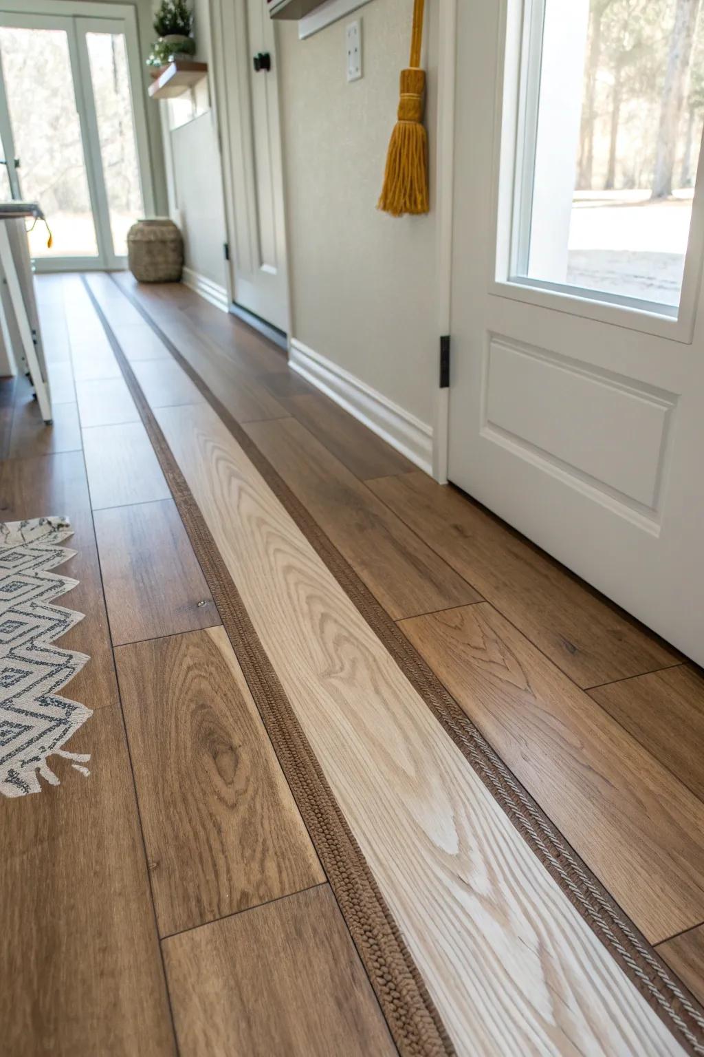 Two-tone vinyl runner inlay: a sleek hallway upgrade that hides dirt and looks custom.