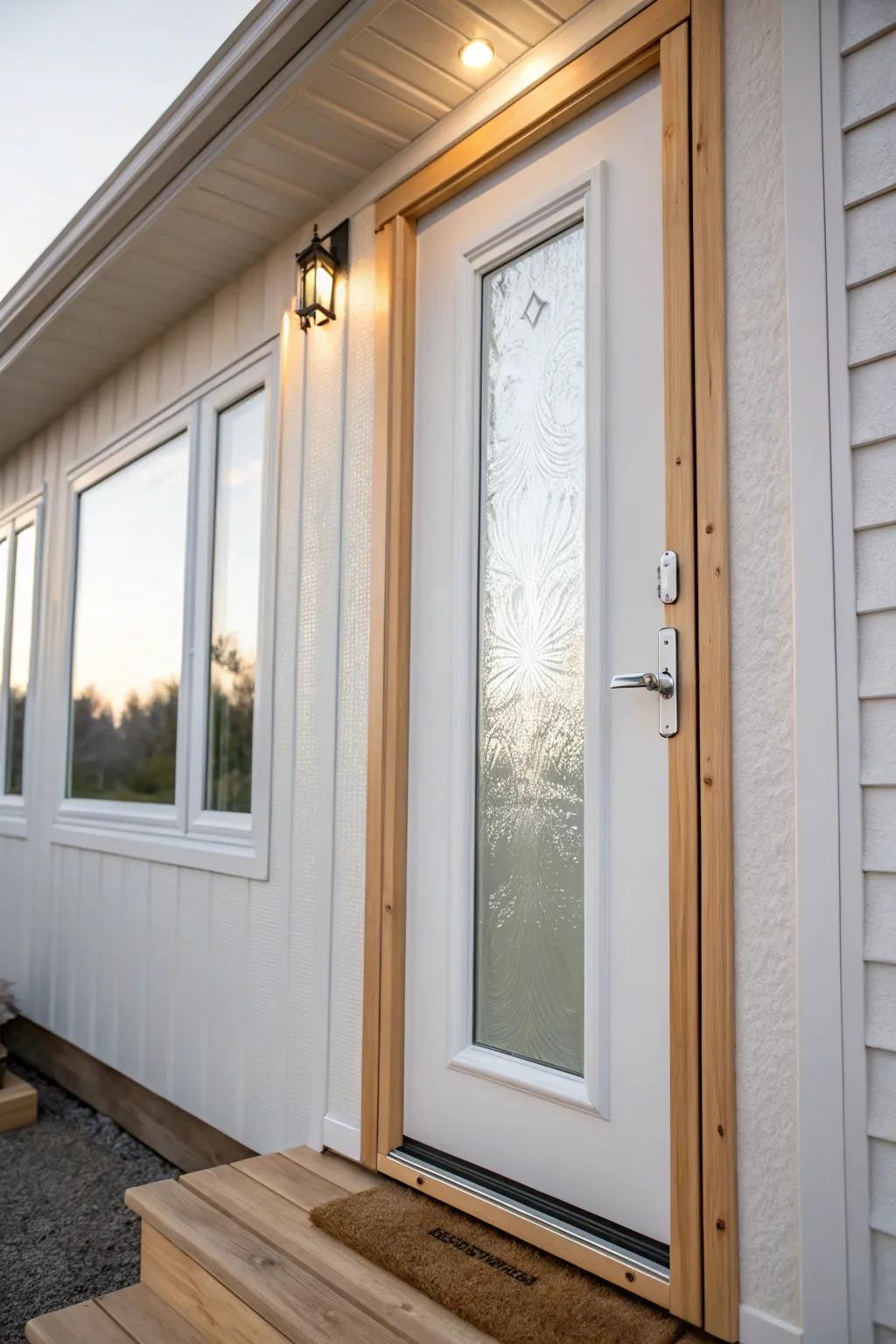 Frosted film on a glass front door: bright daylight in, privacy kept—clean and cozy.