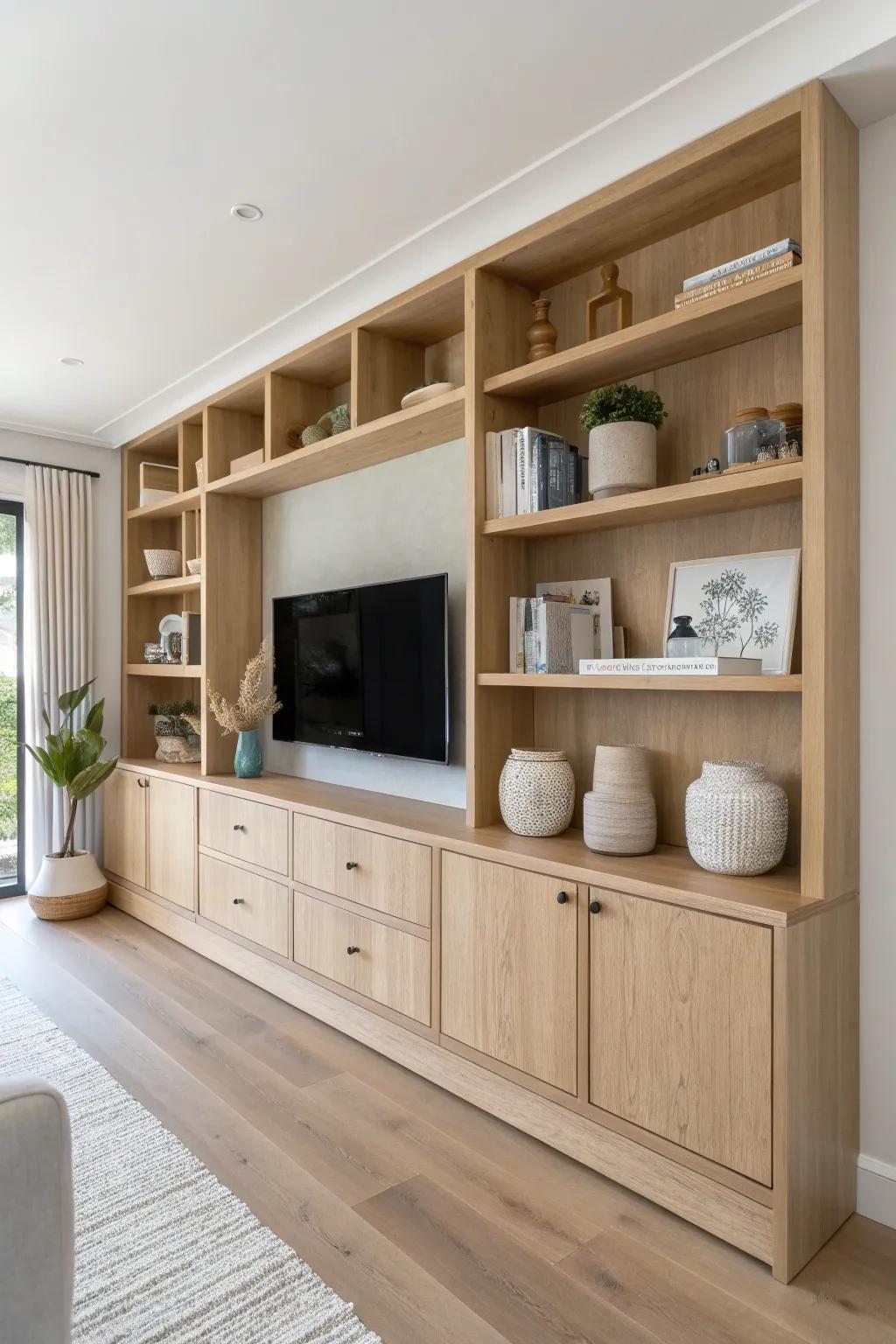 A simple built-in around the TV makes any mobile home living room feel custom and calm.