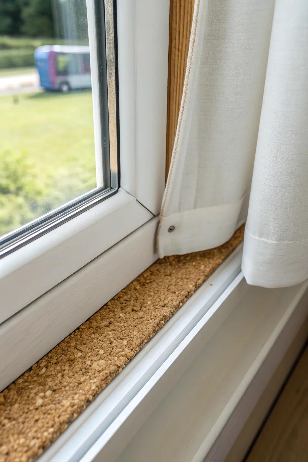 Cork-lined window reveal: a warm, quiet trim detail that makes small mobile homes feel custom.
