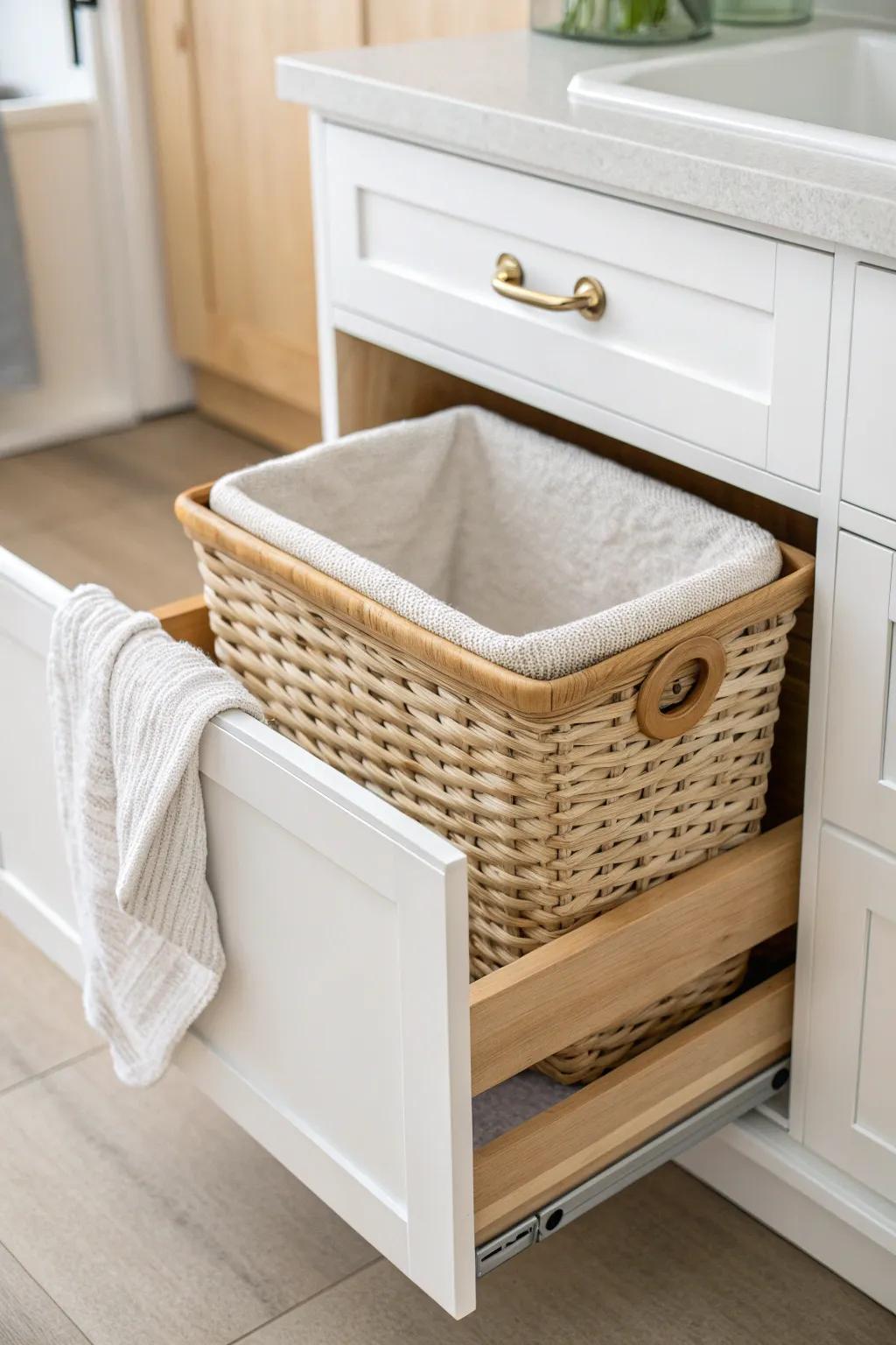 A pull-out rattan hamper keeps a small mobile home master bath neat and clutter-free.