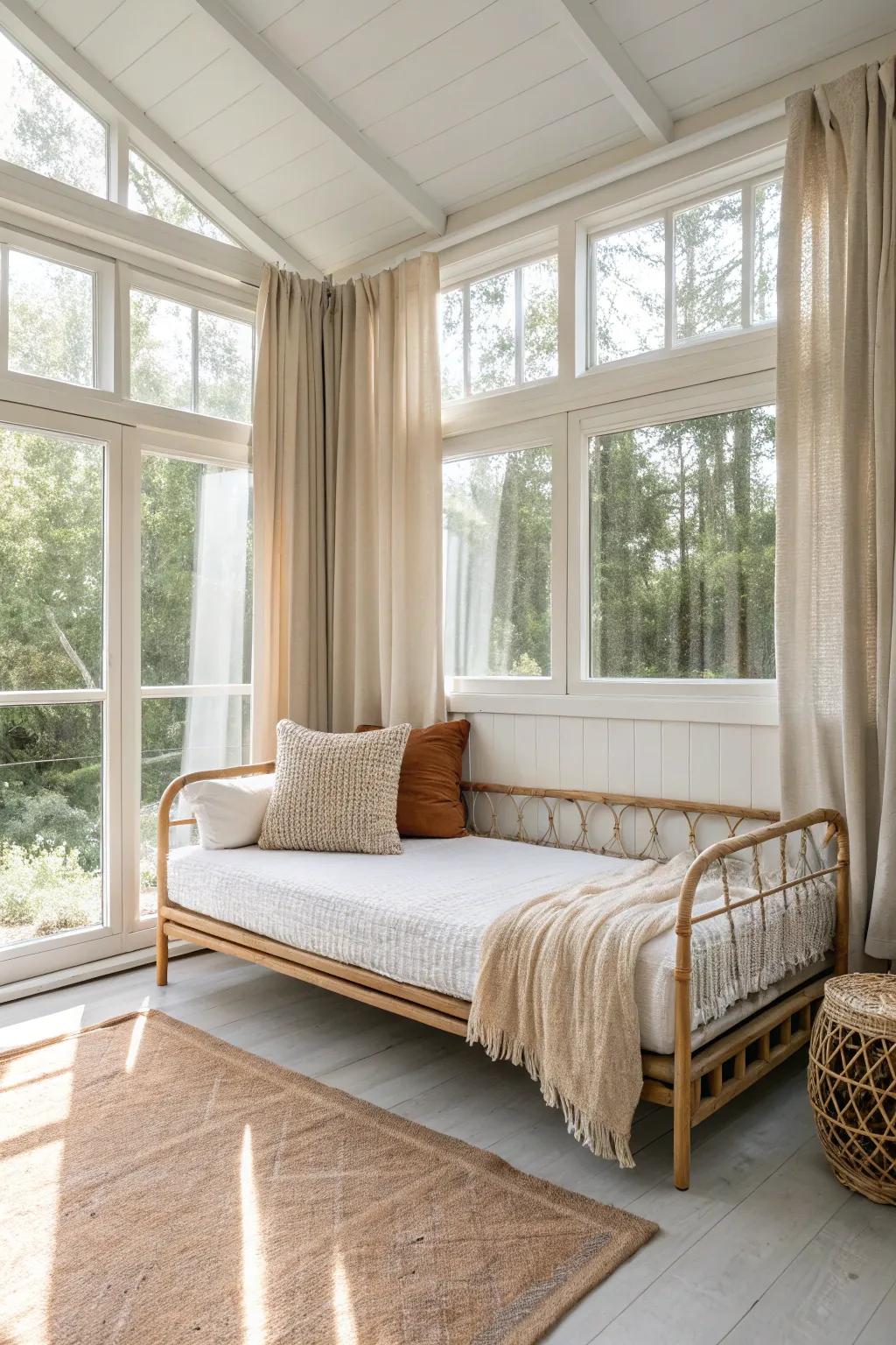 Guest-ready sunroom daybed with blackout curtains—minimal, cozy, and perfect for small spaces.