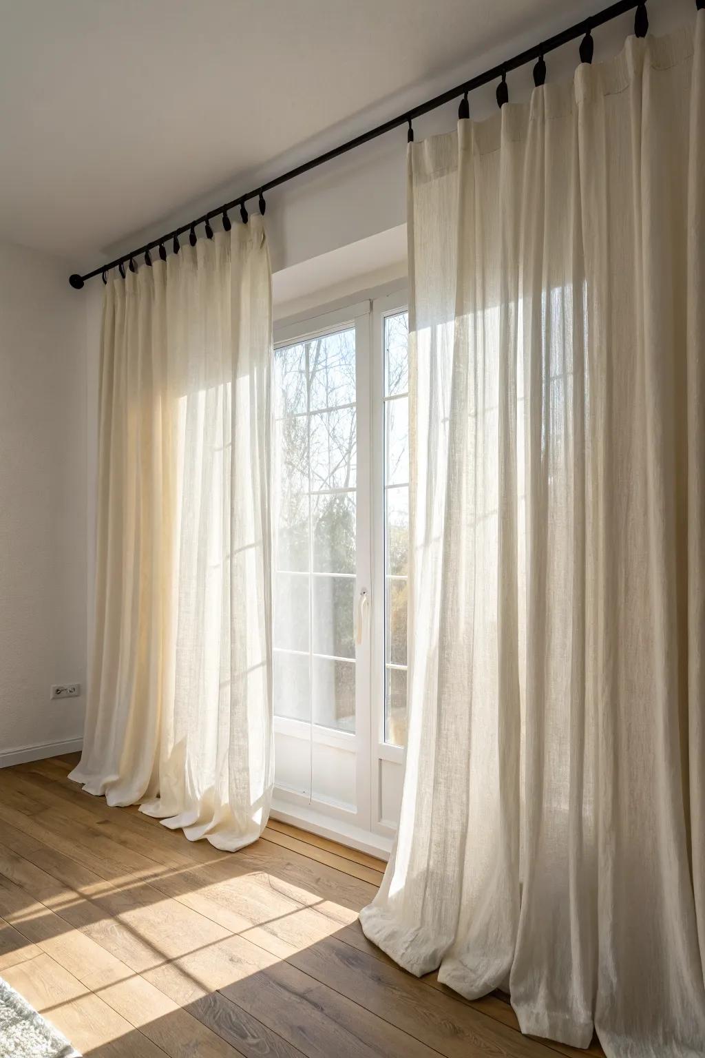 Hang curtains wide and high to turn a tiny window into a luxe, fabric-wall statement.