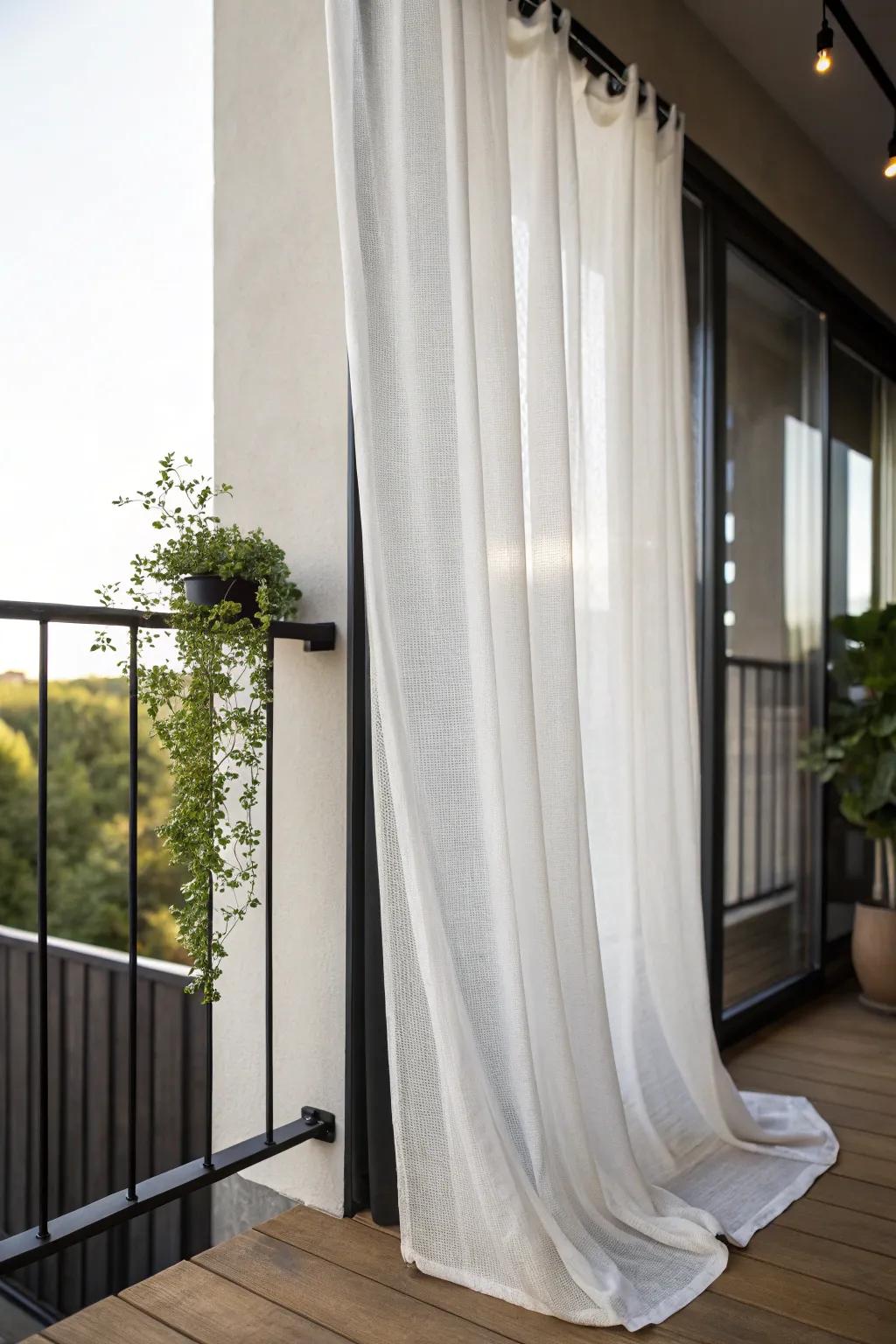 Sheer outdoor curtains turn a small balcony into a light, private mini cabana escape.