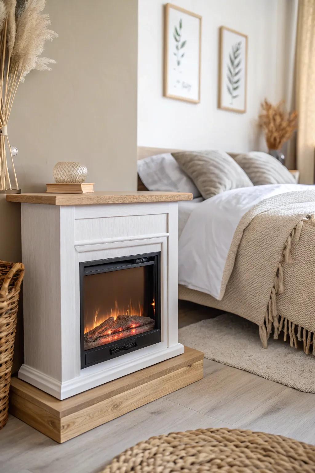 A compact electric fireplace at the foot of the bed—instant cozy glow for small bedrooms.