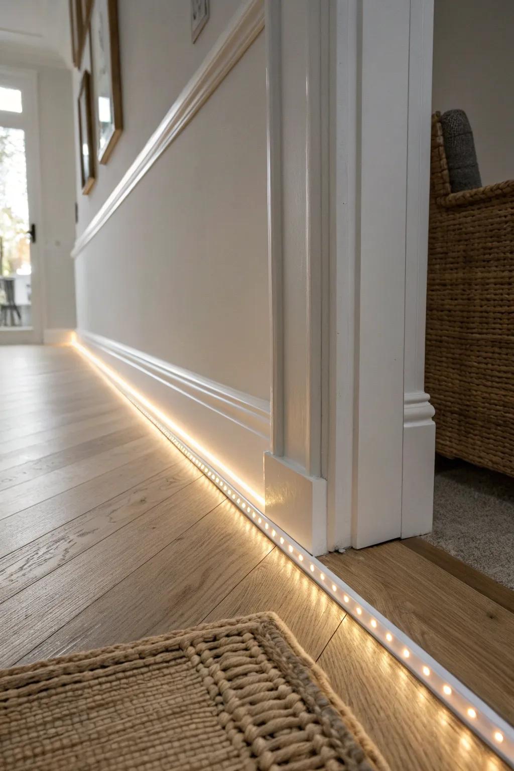 Hidden LED baseboard glow for a sleek, hotel-like hallway—modern, cozy, and practical.