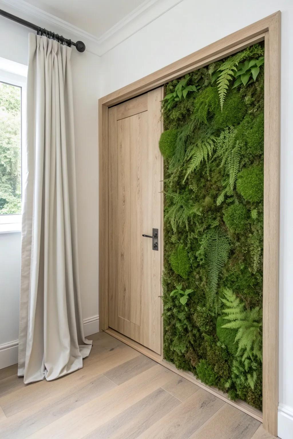 A closet door disappears into a lush moss mural—small-space storage, but make it art.