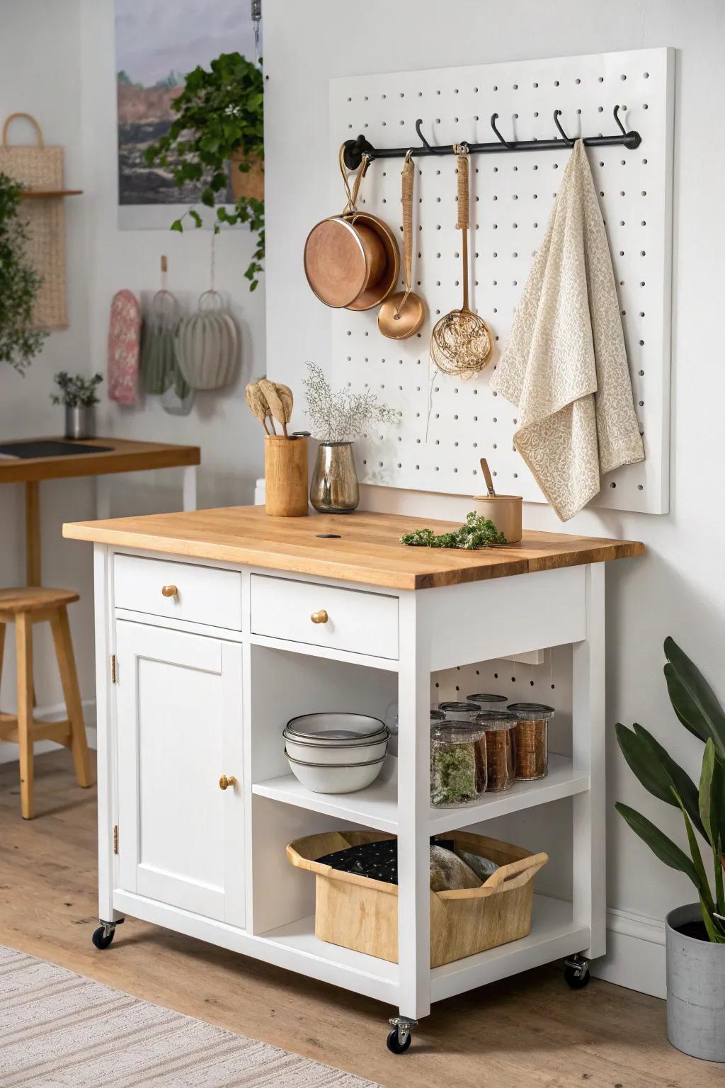 Small-space win: a movable kitchen island with a pegboard end keeps tools tidy and in reach.