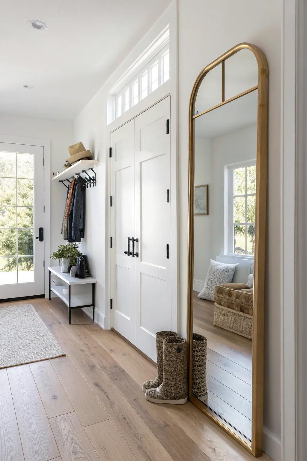 Hang a full-length mirror on your mudroom closet door to brighten tight entryways.