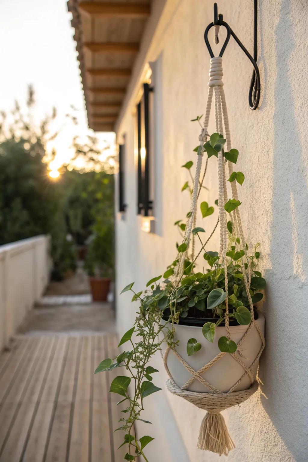 Hang a lush macramé planter to add greenery in a narrow garden without losing walkway space.