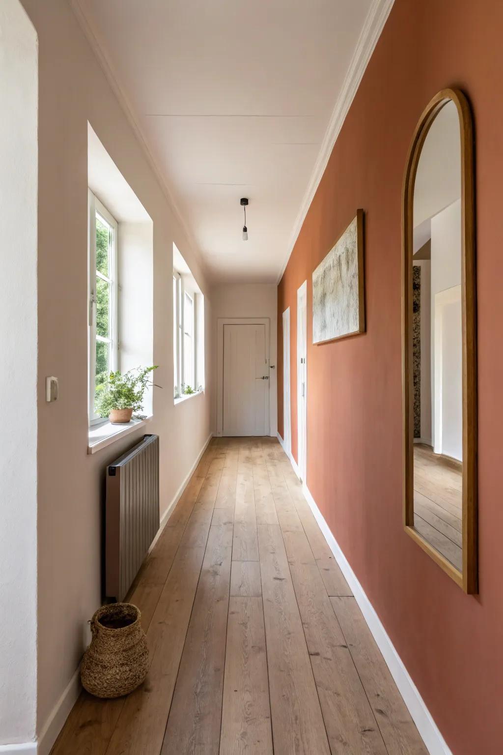 One darker wall + light neutrals: color‑block your hallway to make it feel instantly wider.