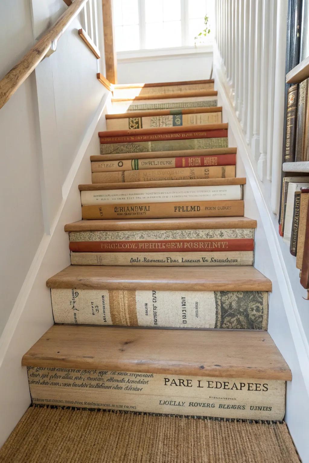 Book-spine stair riser: a tiny-space wow moment with cozy library charm.