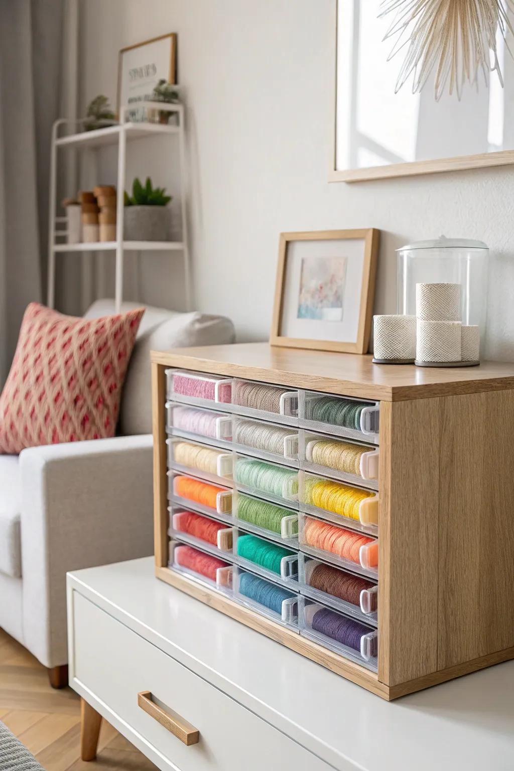 Organize your threads in style with this chic transparent drawer unit – where simplicity meets craftsmanship!