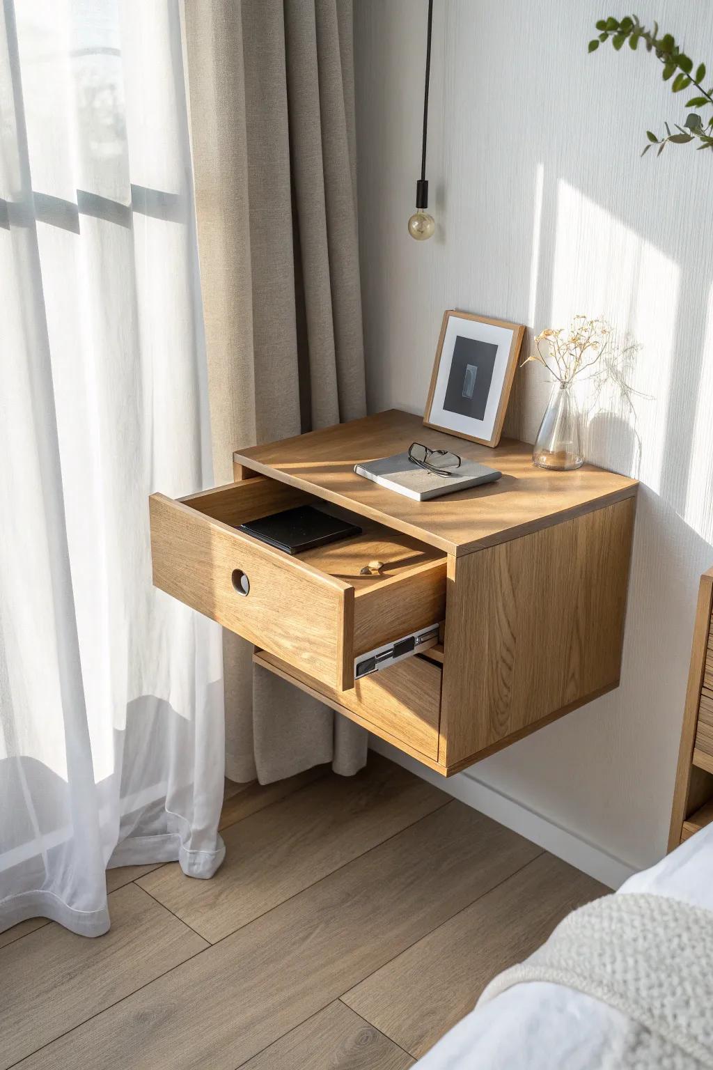 Fold-down wall nightstand in light oak—tiny-space friendly, airy, and beautifully minimal.