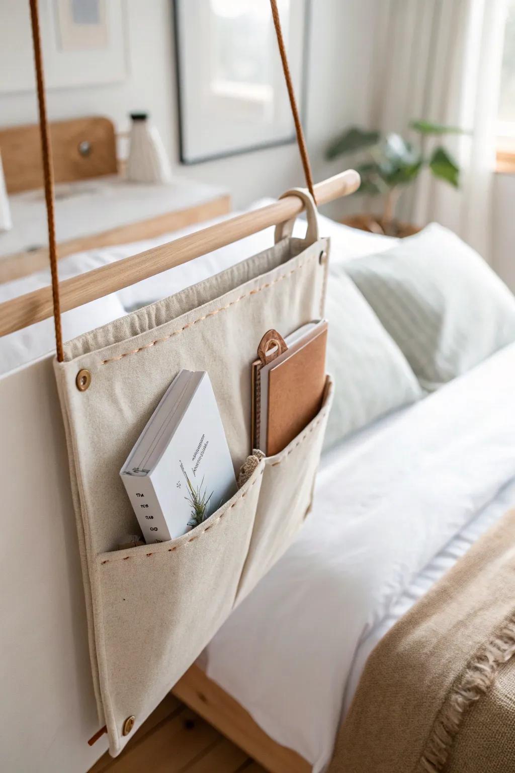 Keep your tiny nightstand clear—add a hanging bedside caddy for journal + remote storage.