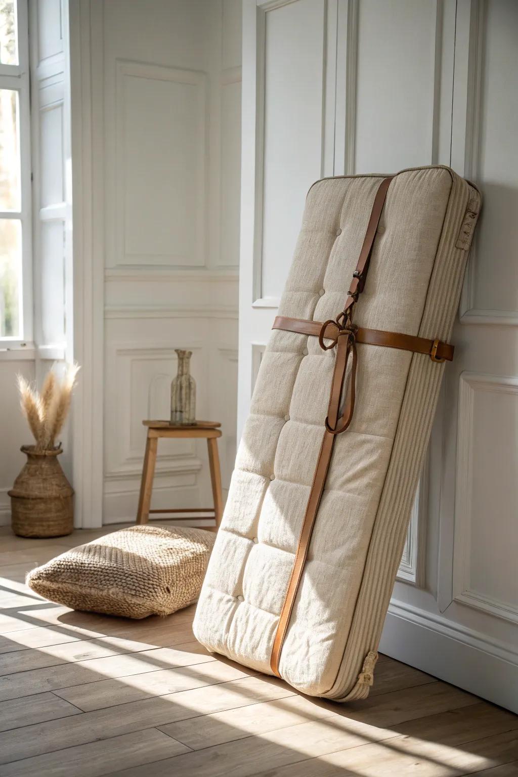A roll-up folding mattress that stores away in minutes—perfect for tiny no-frame living.