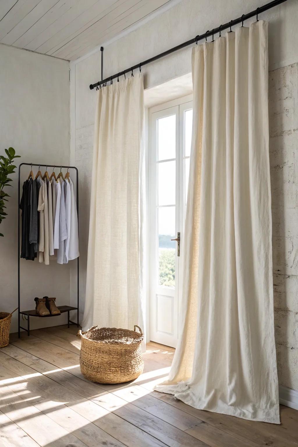 Hide a clothing rack behind a dreamy linen curtain for a soft, clutter-free no-closet bedroom.