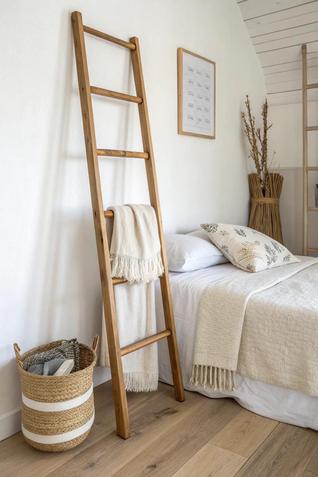 A leaning ladder doubles as a no-headboard statement—style a throw and pouch in small spaces.