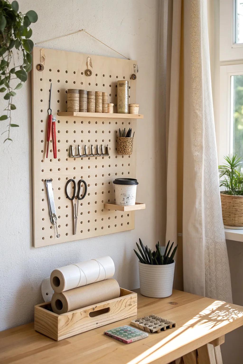 Micro packing pegboard: tape, twine, markers and mailers stored vertically—tiny-space bliss.