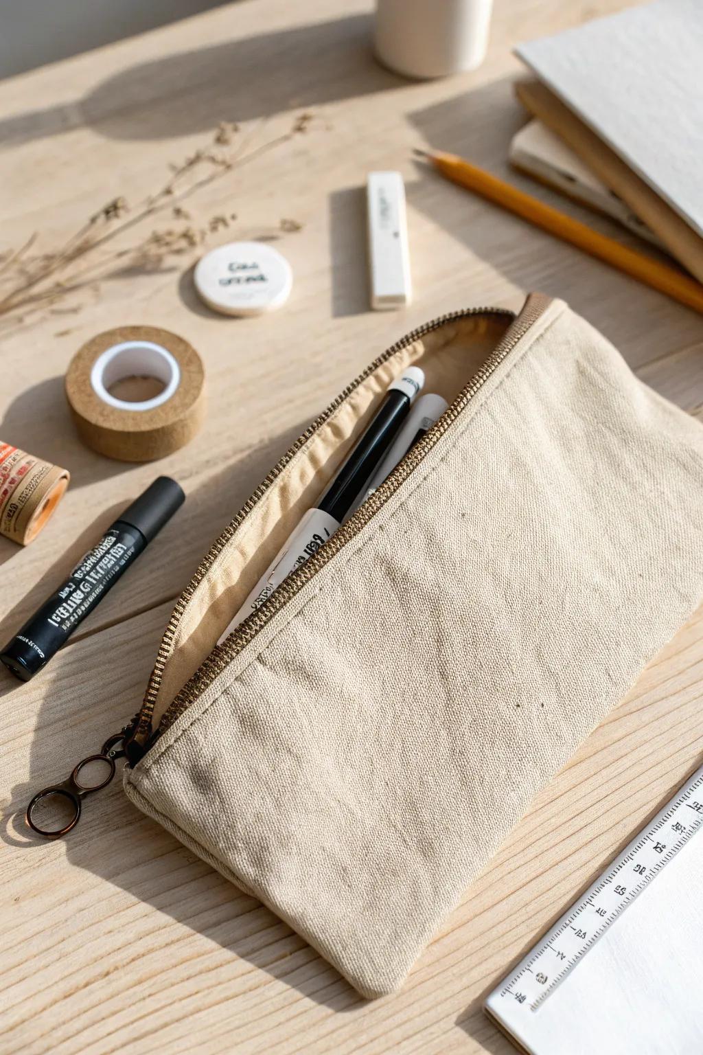 A linen zip pouch keeps your mailing kit tidy and ready to grab—perfect for small-space work.