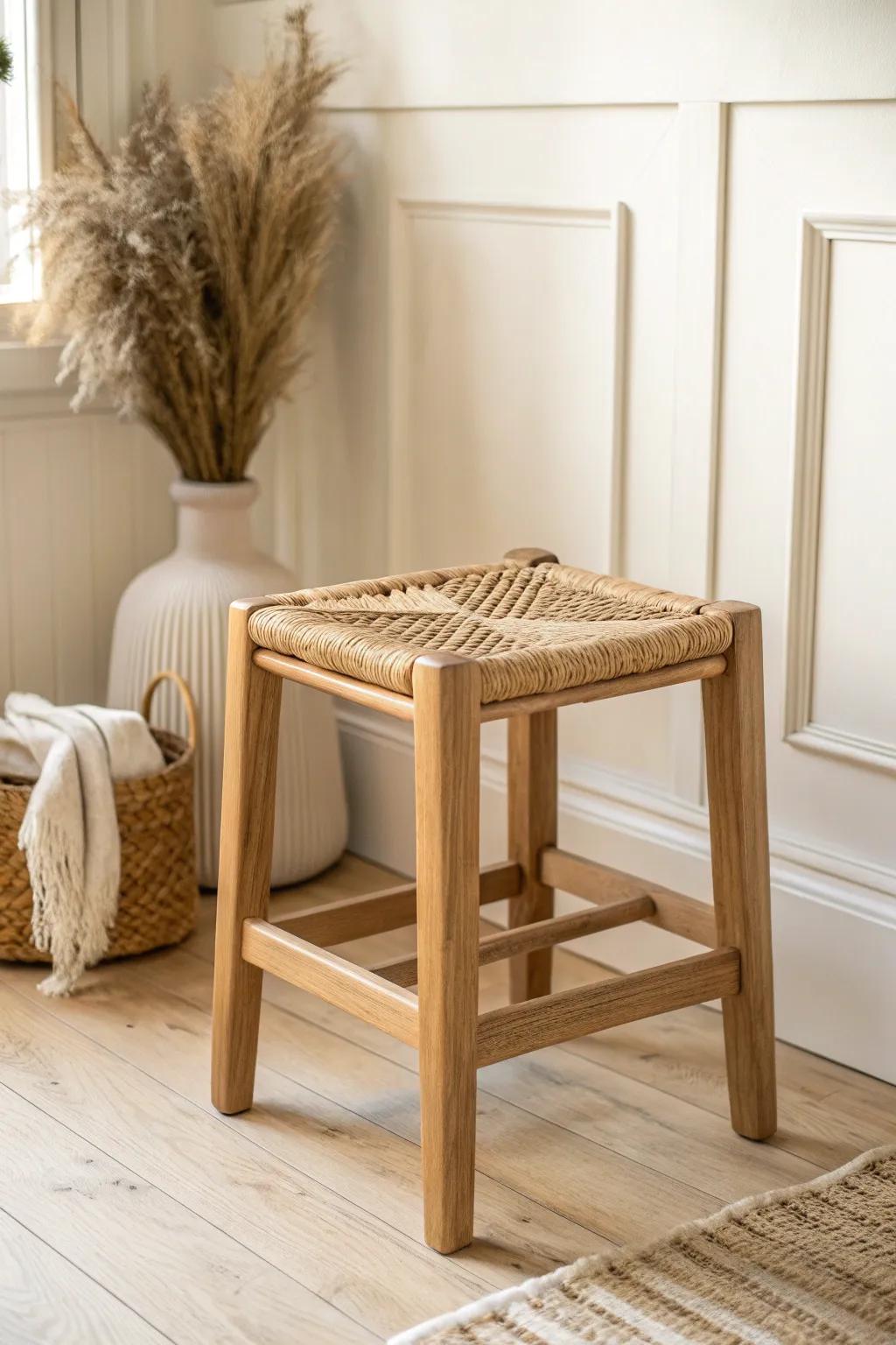 Swap a bulky chair for a tuck-under stool—clean, compact clearance for a sofa bed workspace.