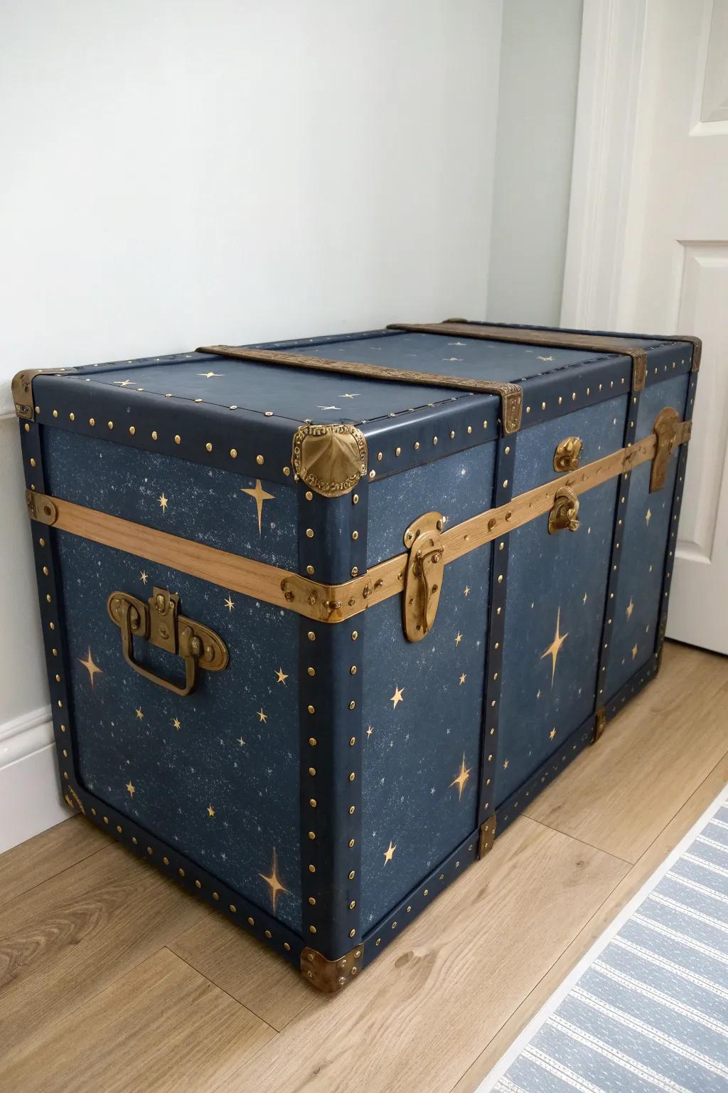 Night-sky painted trunk with tiny glowing stars—minimal bedside storage that feels like mood lighting.