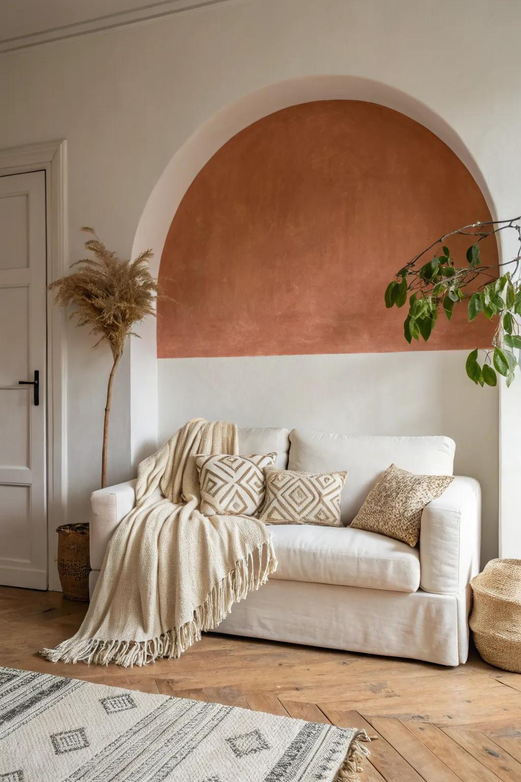 A soft painted arch behind a petite sofa creates a cozy living-room zone—no walls needed.