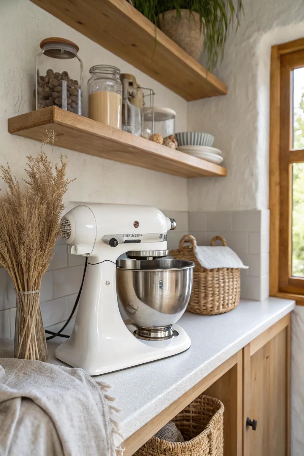 Deep open pantry shelves tuck bulky appliances away—easy to grab, never crowding the counter.