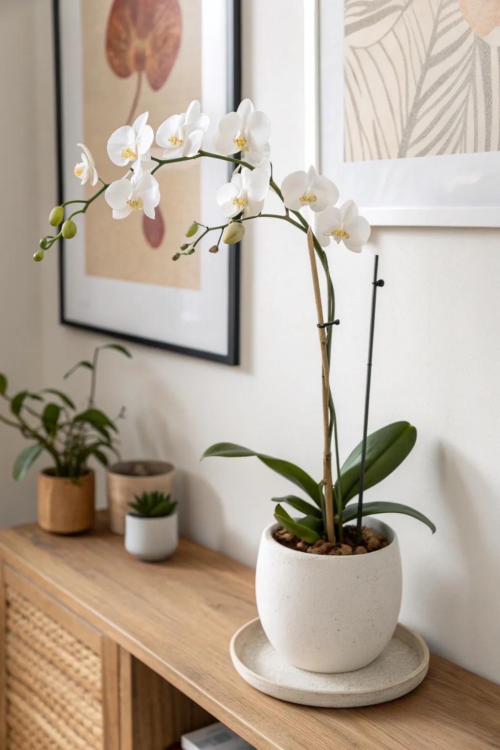 A slim ledge shelf turns an awkward corner into a mini orchid gallery with effortless layers.
