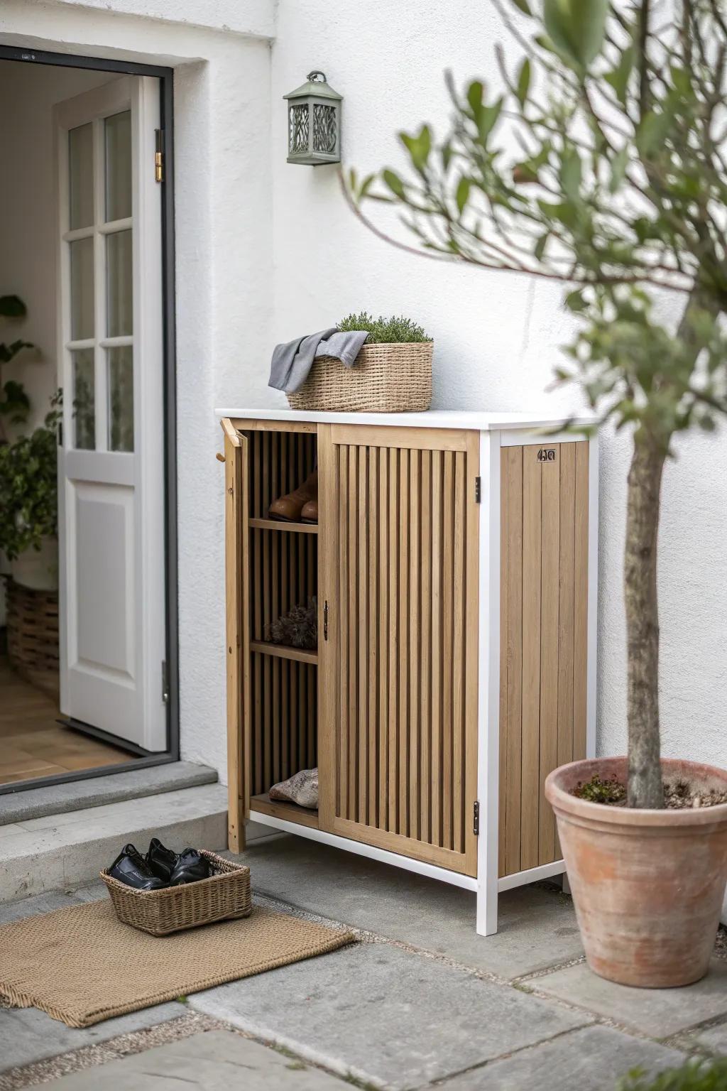Slim vented shoe cabinet + odor-absorbing basket keeps outdoor entry shoes fresh in small spaces.