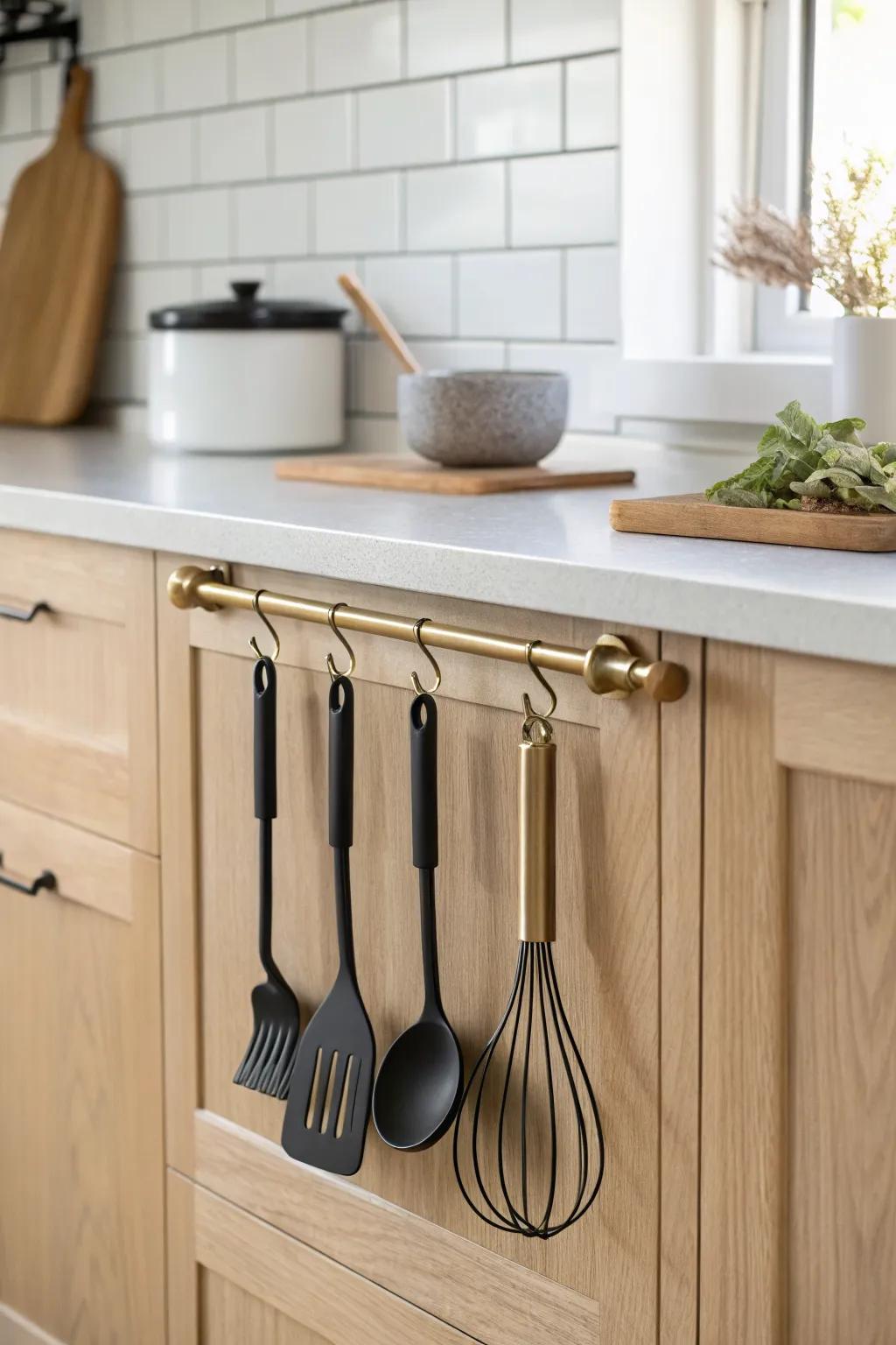 A slim under-cabinet rail keeps go-to utensils handy—without cluttering the stove zone.