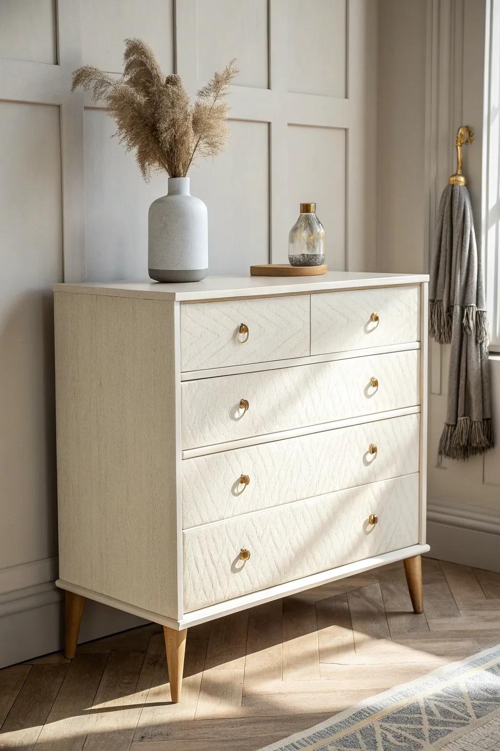 Faux-linen painted texture adds cozy depth to a minimalist chest of drawers—soft, chic, timeless.