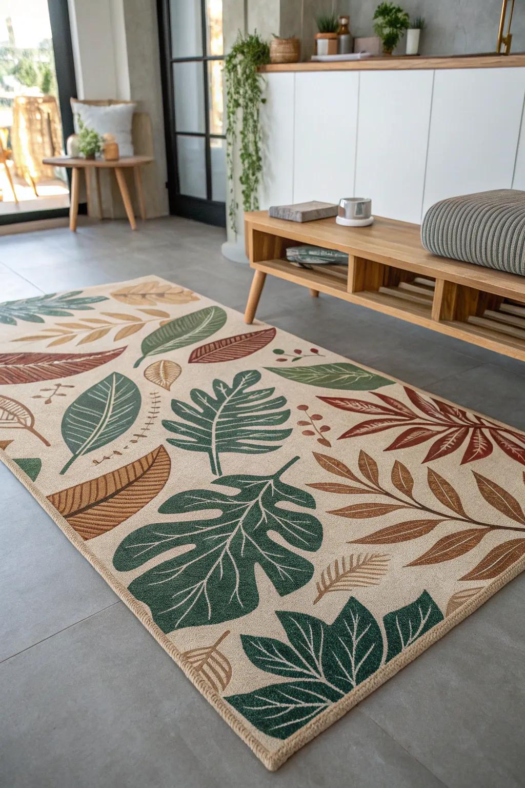 Bring the outdoors in with a nature-inspired painted rug that captures the essence of earth's beauty.