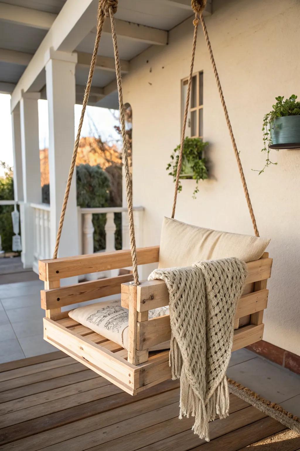 A hanging pallet swing chair that turns unused vertical space into a boutique porch moment.