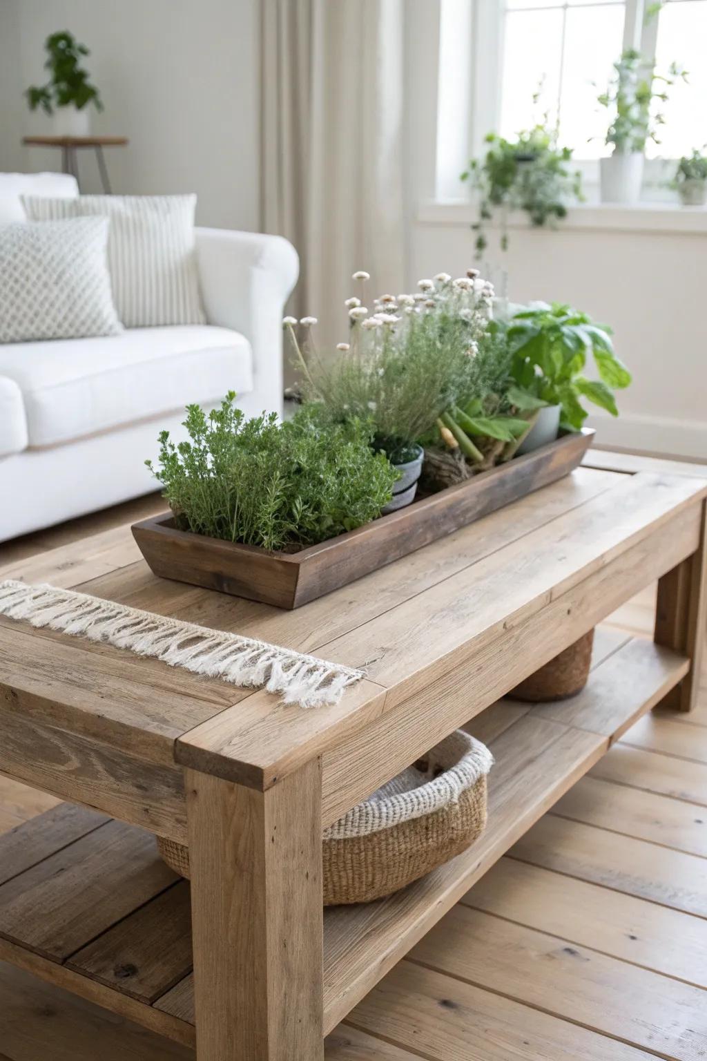 A minimalist pallet table with a living herb planter strip—simple, cozy, and a true centerpiece.