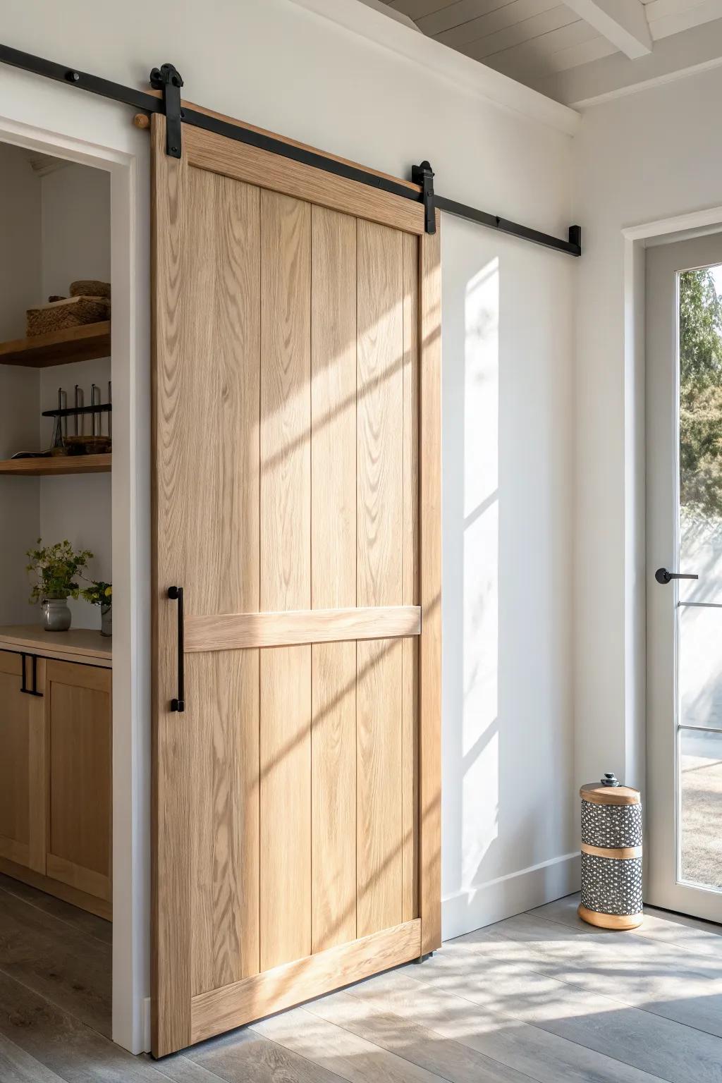 Murphy-style pantry barn door with a fold-down prep shelf—small space, big function.