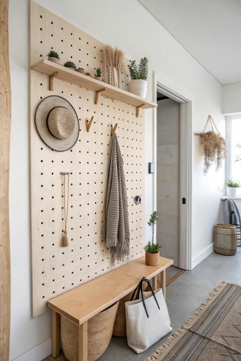 Go big with a floor-to-ceiling pegboard—zoned storage that replaces bulky entryway furniture.
